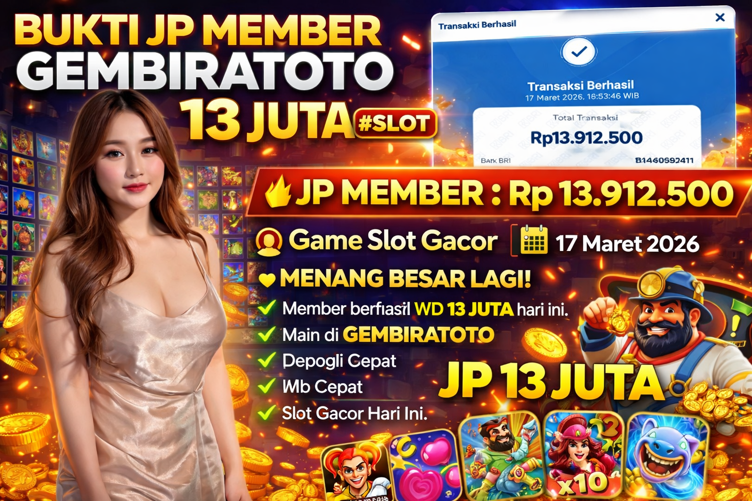 BUKTI JACKPOT SLOT MEMBER GEMBIRATOTO 13 JUTA